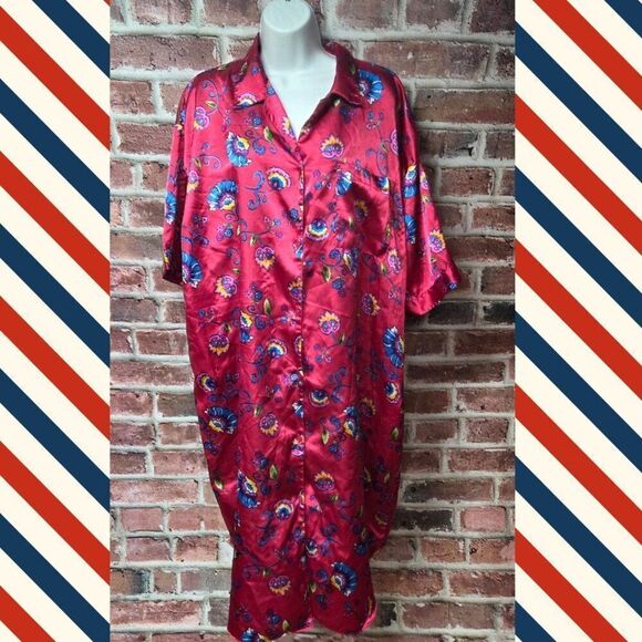 Vintage 90s EJCโIntimates Nightgown Pink Red Floral Satin OS Button Up V Neck - Picture 1 of 7